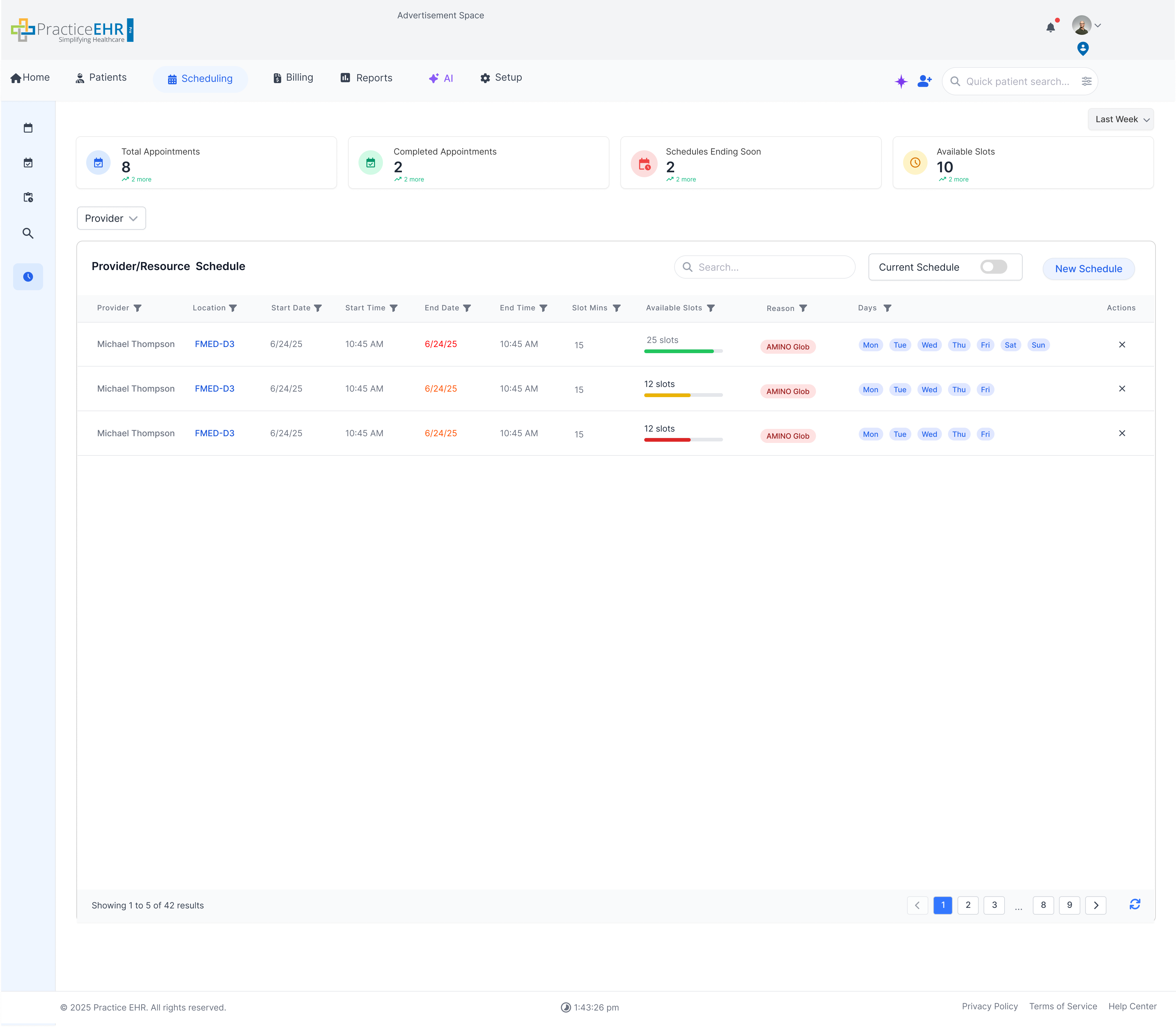 Provider Schedule Screenshot